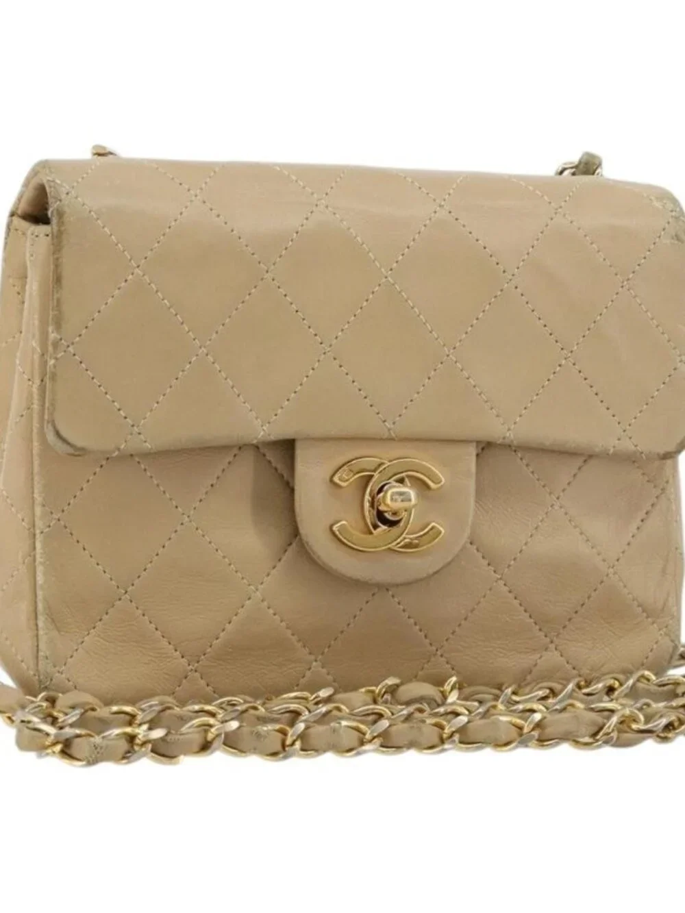 CHANEL Mini Matelasse Chain Shoulder Bag Lamb Skin Beige Gold CC Auth ka4523A